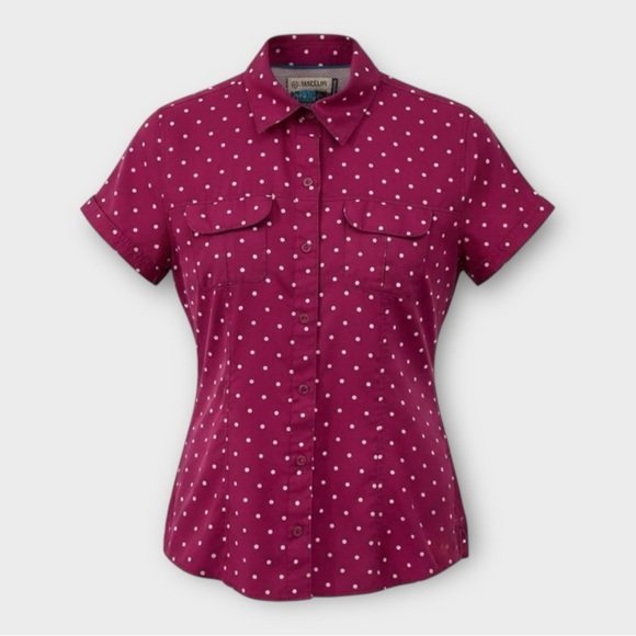 Magellan Fishing Hiking Short Sleeve Button Down Top in Pink Polka Dot Size S - Picture 2 of 7